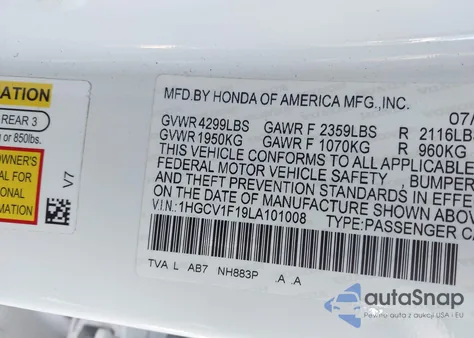 2020 Honda Accord Lx из США, поврежденный, VIN 1HGCV1F19LA101008